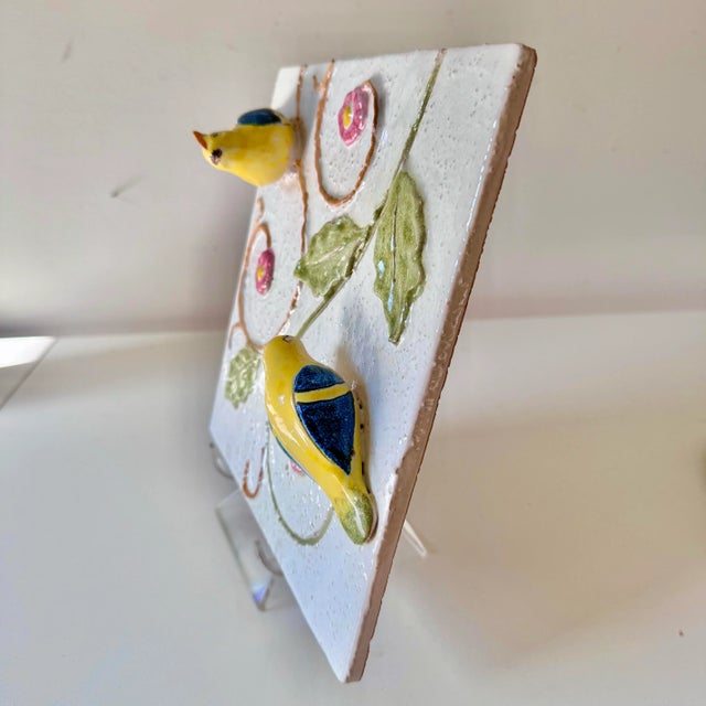 Late 20th Century Hand Painted Majolica Love Birds Sculpted Floral Decorative Wall Hanging Tile Plate For Sale In Charleston - Image 6 of 8