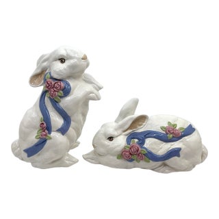 Vintage Porcelain Floral Rose and Blue Bow Bunny Rabbit Statues- A Set For Sale