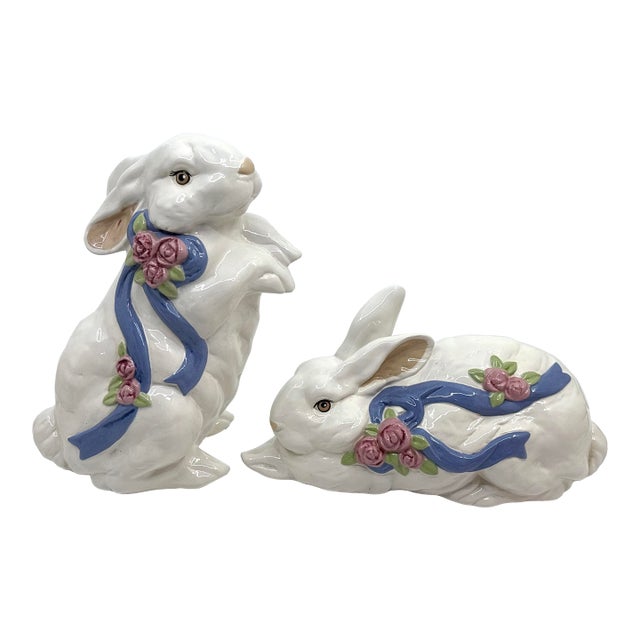 Vintage Porcelain Floral Rose and Blue Bow Bunny Rabbit Statues- A Set For Sale