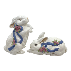 Vintage Porcelain Floral Rose and Blue Bow Bunny Rabbit Statues- A Set