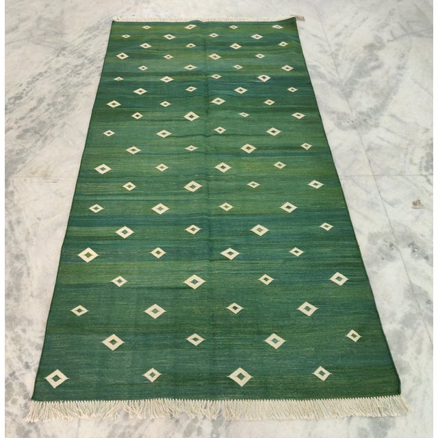 Not Yet Made - Made To Order Handmade Cotton Forest Green Diamond Runner, Green and White -2.5'x12' For Sale - Image 5 of 8