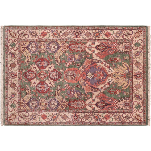 Shabby Chic Vintage‑Inspired Medallion Green/Ivory Hand Knotted Wool Rug - 7'11'' X 9'11'' For Sale - Image 9 of 9