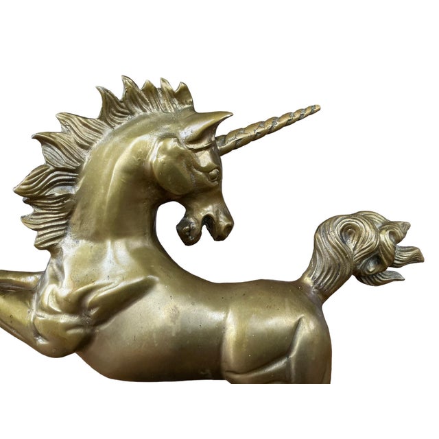 Figurative Vintage Solid and Heavy Brass Unicorn Statue on Marble Base For Sale - Image 3 of 12