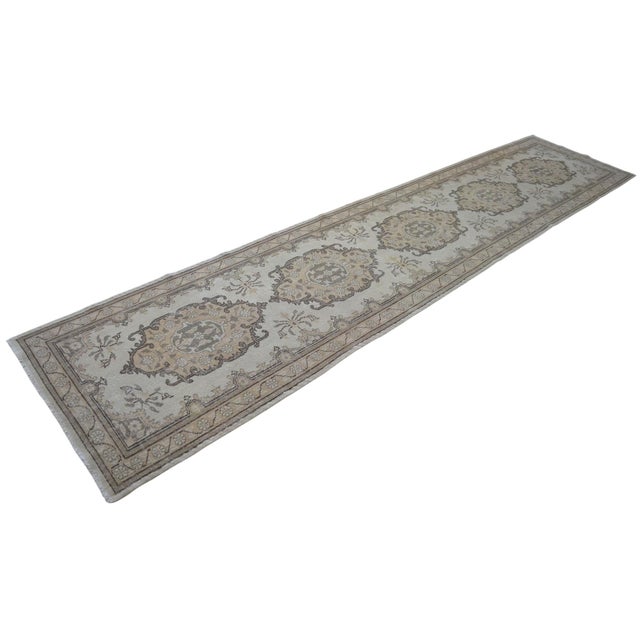 Traditional Oushak Runner Rug Faded Colors Low Pile Distressed Long Runner Rug - 2'9″ X 12'7″ For Sale - Image 4 of 12