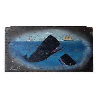 Vintage Twin Handled Pine Chest with Two Whales and Ship by Steve Camps, 2010s For Sale