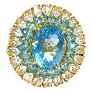 Bochic "Flamenco" Vintage Blue Topaz & White Topaz Gem Ring 18K Gold & Silver For Sale