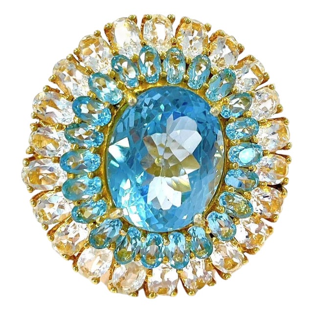 Bochic "Flamenco" Vintage Blue Topaz & White Topaz Gem Ring 18K Gold & Silver For Sale