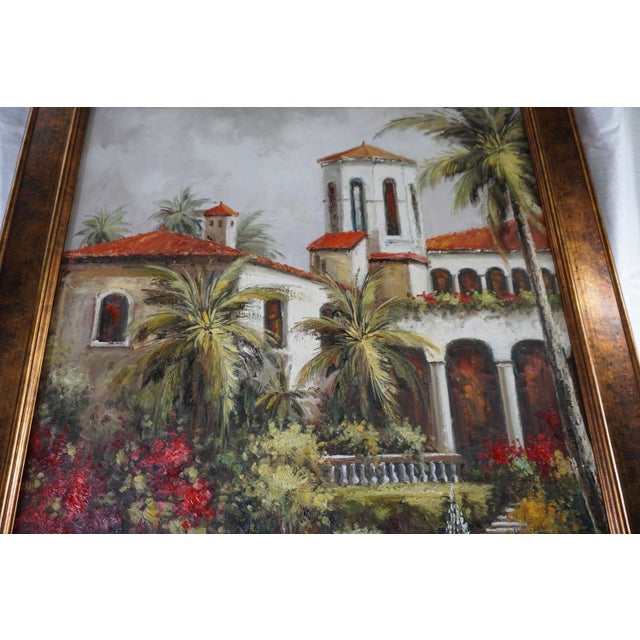Original Mediterranean Courtyard Oil Painting | Framed Villa Landscape With Fountain | Contemporary Impressionist Art For Sale - Image 4 of 4