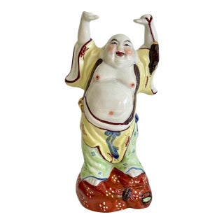 Vintage Chinese Laughing Buddha Ceramic Sculpture, Hand Painted For Sale