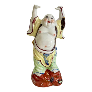 Vintage Chinese Laughing Buddha Ceramic Sculpture, Hand Painted