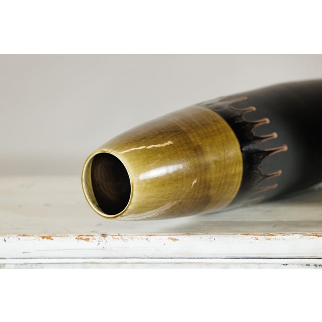 Contemporary Artisan Slim Ochre and Black Ceramic Vases with Drip-Glaze Tops - A Pair For Sale - Image 3 of 18
