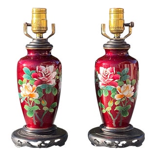 Red Ginbari Cloisonne Lamps Circa 1900-1920- A Pair For Sale