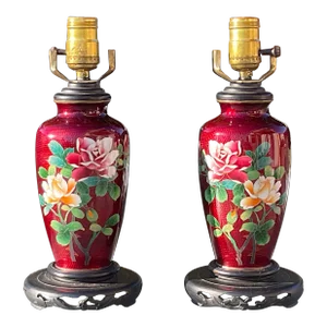 Red Ginbari Cloisonne Lamps Circa 1900-1920- A Pair