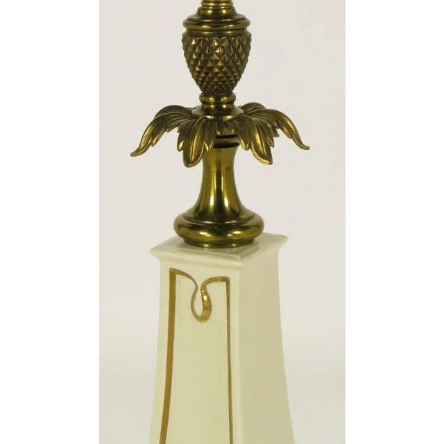 Wood Stiffel Porcelain Obelisk & Decorative Brass Table Lamps - a Pair For Sale - Image 7 of 10