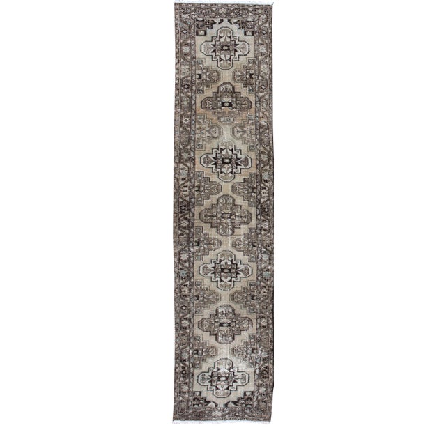Antique Persian Hamadan Runner With Geometric Medallion Design in Neutral Tones For Sale