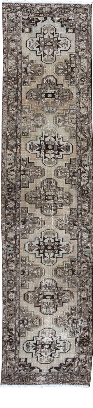 Antique Persian Hamadan Runner With Geometric Medallion Design in Neutral Tones