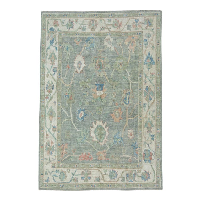 Green & Blue Turkish Oushak Rug 6'1" x 8'10" For Sale