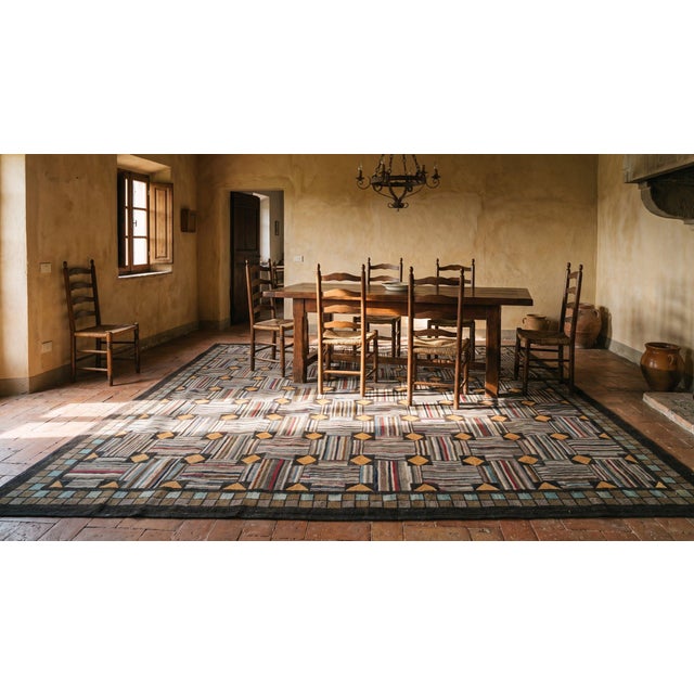 Striking Black-Yellow Forming Diamond in a Brown Background Color Antique American Hooked Rug For Sale - Image 14 of 15