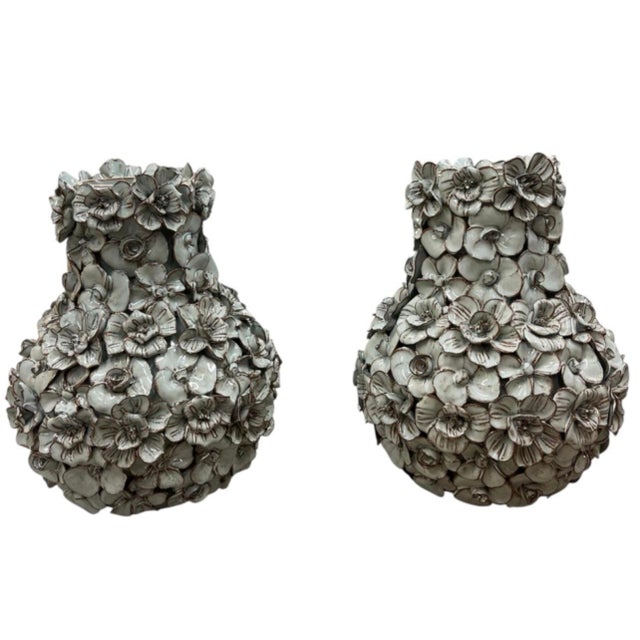 Pair of Vintage Italian Hand-Sculpted Floral Encrusted Ceramic Vases For Sale In West Palm - Image 6 of 12