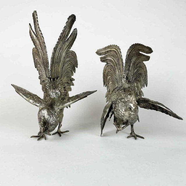 Bronze Cast Roosters in Silver, 1900s, Set of 2 For Sale - Image 3 of 11