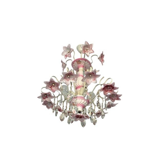 Art Deco 1980s Italian Murano Style Pink Floral Glass Chandelier With Crystals For Sale - Image 3 of 18