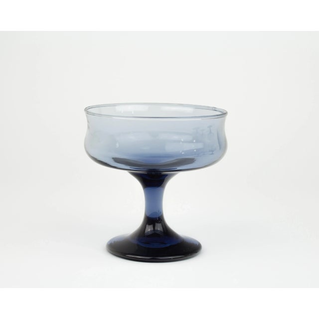 Vintage set circa 1970s set of 6 champange coupe in blue glass. Glass is blue gray in color and each coupe is a nice weight.