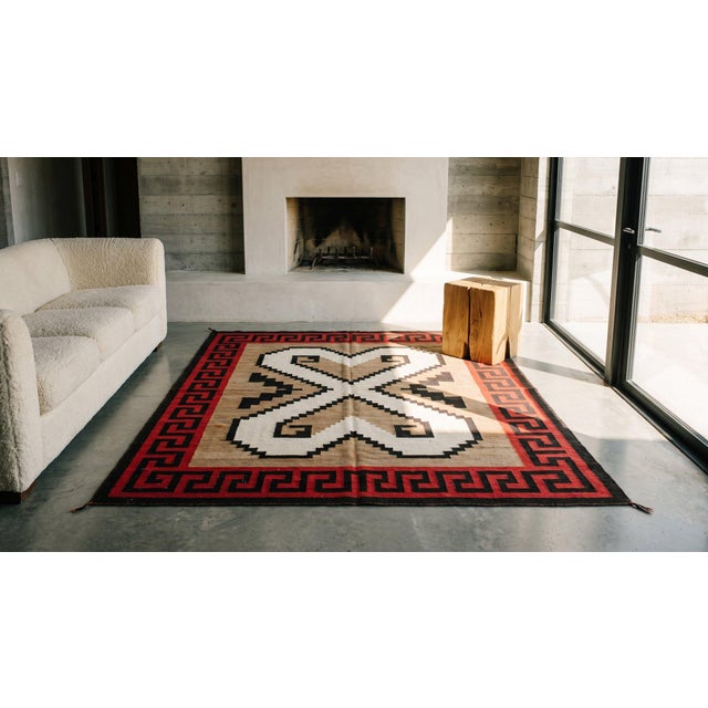 1920s Gray Geometric Tribal Antique American Navajo Rug 5'6" X 6'6" Flatweave Wool Carpet For Sale - Image 9 of 10