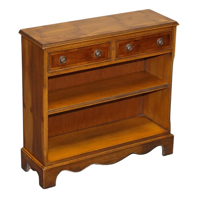 Vintage Yew Wood Low Dwarf Bookcase with Two Storage Drawers For Sale