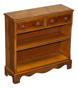 Vintage Yew Wood Low Dwarf Bookcase with Two Storage Drawers