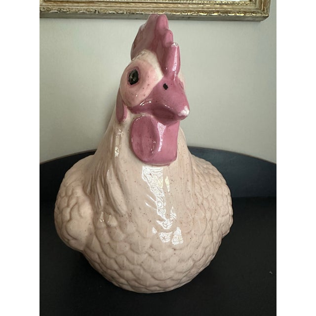 Vintage speckled pink ceramic chicken or hen planter with textured feather details and an open back for holding plants or...