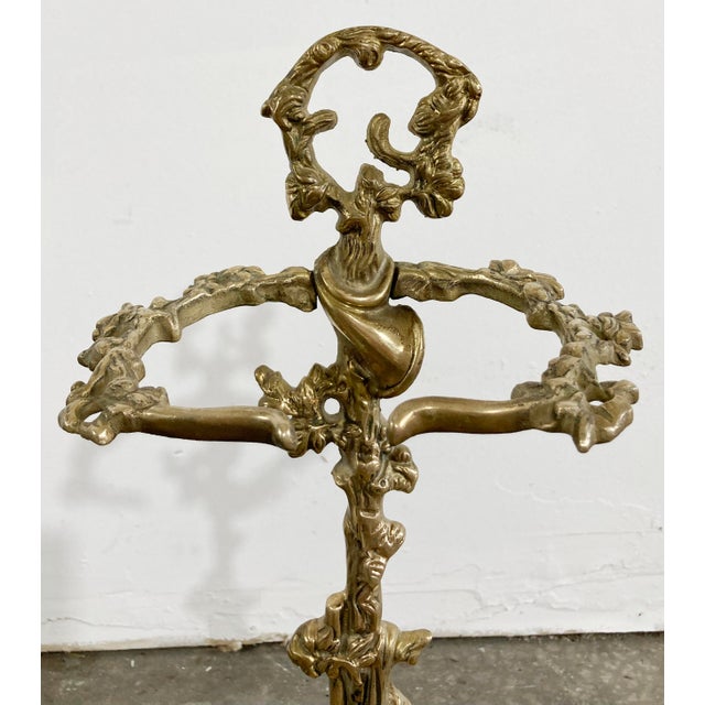 Brass Antique Art Nouveau Style Brass Fireplace Tools on French Hunting Motif Stand For Sale - Image 8 of 14