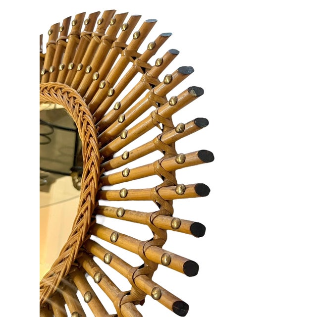 Vintage Italian Rattan Bamboo Sunburst Mirror With Brass Accents For Sale - Image 12 of 14