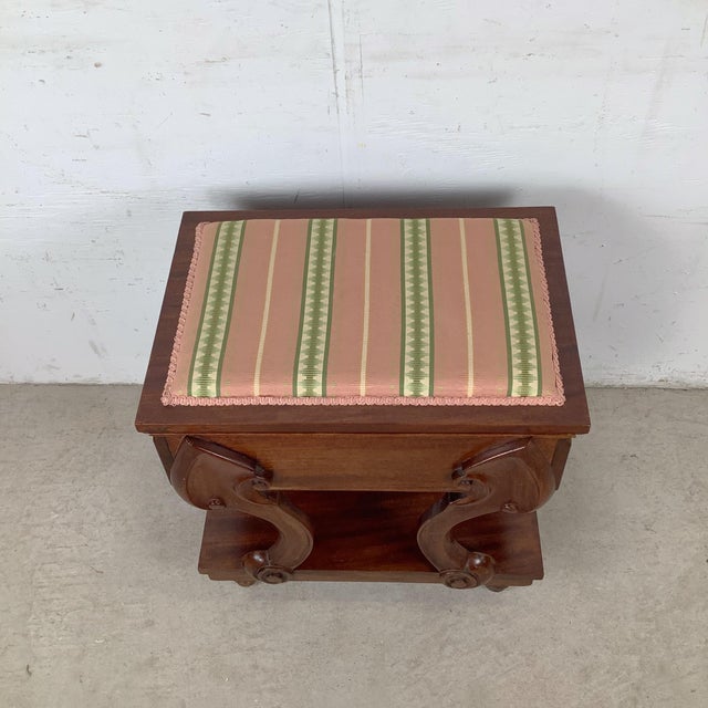 Traditional Vintage Classical Revival Upholstered Footstool With Scroll Base For Sale - Image 3 of 12