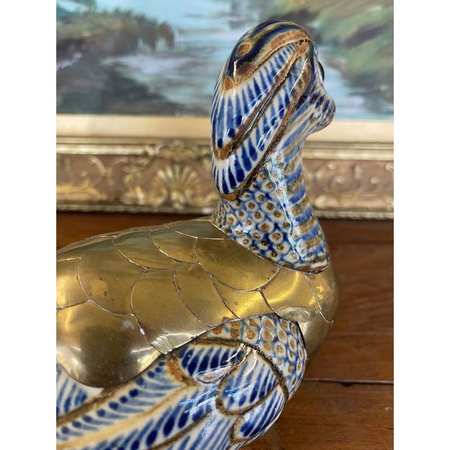 Blue Vintage Chinese Cloisonné and Ceramic Duck Figurine With Hand-Painted Detailing. For Sale - Image 8 of 9