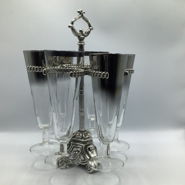 Vintage Silver Ombre and Silver Band Pilsner Stemware Set With Caddy by Vitreon Queen Lusterware - Set of 7 For Sale - Image 4 of 12
