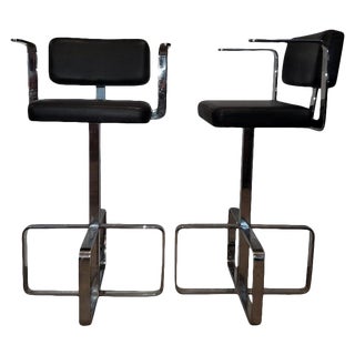 1980s Italian Contemporary Swivel Chrome Leather Bar Stools- A Pair For Sale