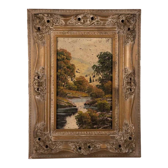 Mid 20th Century Signed Fall Landscape Oil Painting in Ornate Gilt Frame For Sale