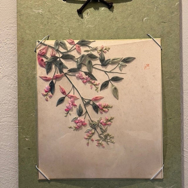 Late 20th Century Large Signed Japanese Silk Ribbon Embroidery Framed 3D Floral Art For Sale - Image 4 of 8