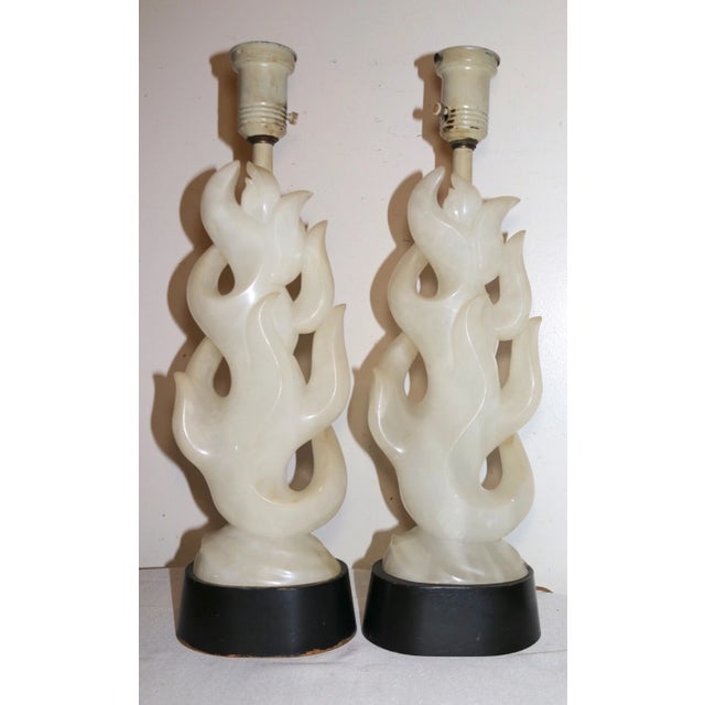 Share Large Pair of Antique Hand Carved Alabaster Stone Wood Flame Fire Table Lamps For Sale In New York - Image 6 of 12