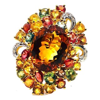 Bochic “Orient” Vintage Diamond, Citrine & Sapphire Ring Set In 18K Gold & Silve For Sale