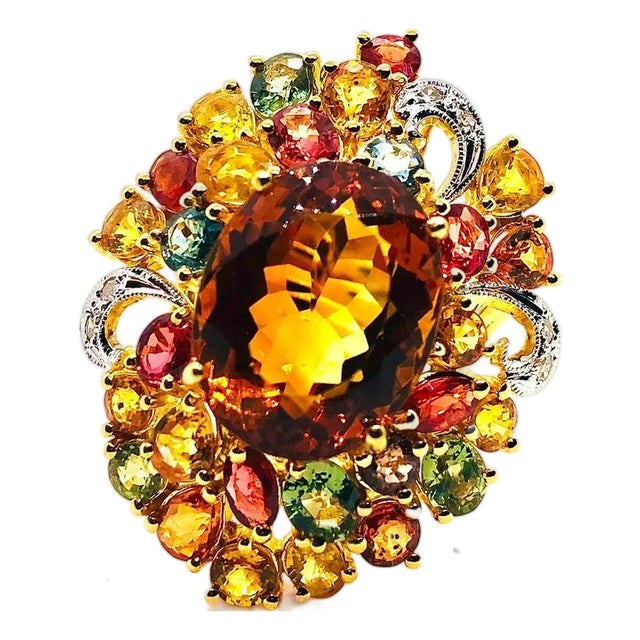 Bochic “Orient” Vintage Diamond, Citrine & Sapphire Ring Set In 18K Gold & Silve For Sale