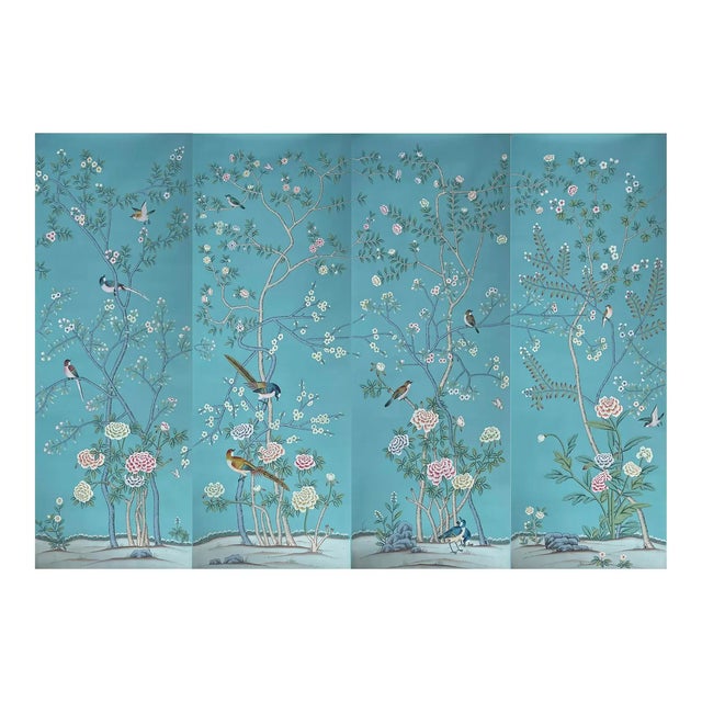 Blue Chinoiserie Mural Chinoiserie Panels Hand Painted Wallpapers - 4 Panels For Sale