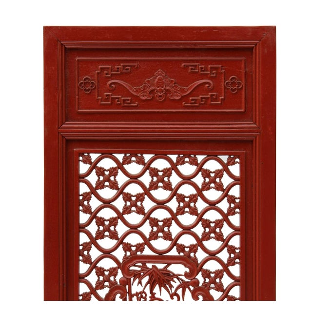 Chinese Chinese Red Paint Geometric Flower Bird Accent Narrow Floor Panel Headboard For Sale - Image 3 of 8