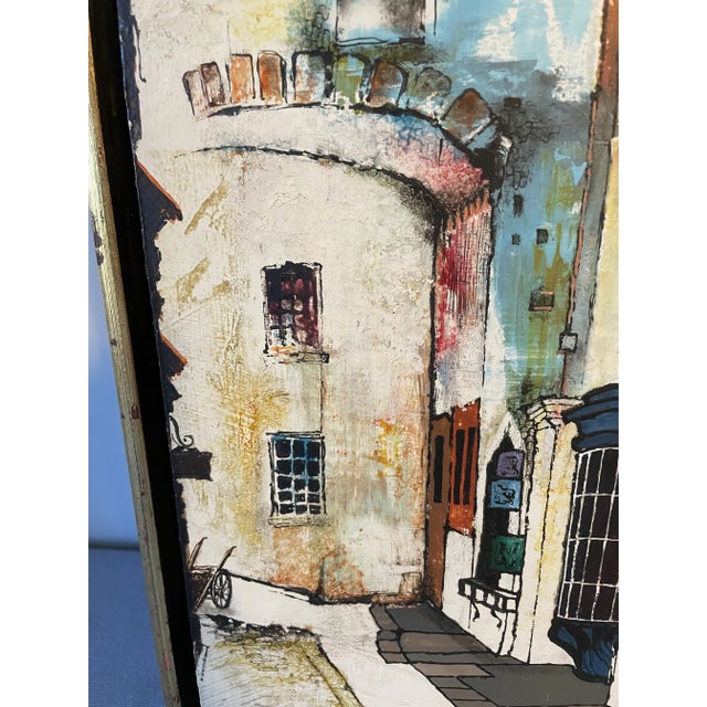 Mid-Century Modern Vintage Mid-Century Oil Painting by w.t. Carlsen - Cityscape in Cream, Red & Blue With Gold-Tone Frame For Sale - Image 3 of 6