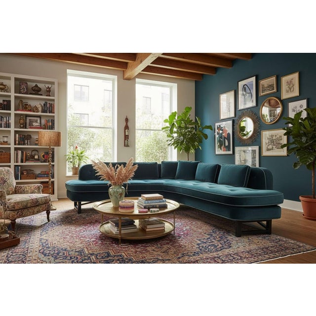 An outstanding pair of Edward Wormley for Dunbar Janus Model 6329 Angle sofas newly upholstered in a Raf Simons teal...