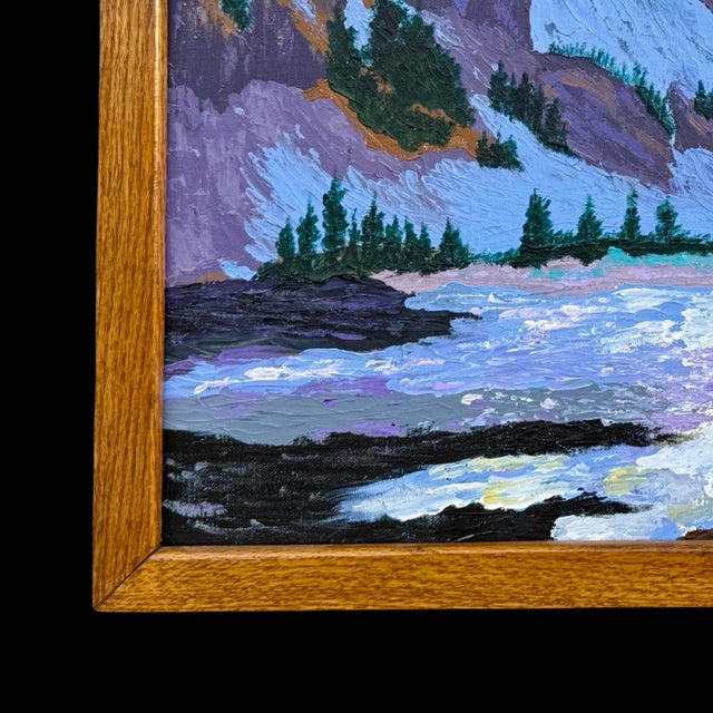 Mid-Century Expressionist Winter Mountain Landscape Oil Painting W/ Original Vintage Wood Frame For Sale In San Diego - Image 6 of 9