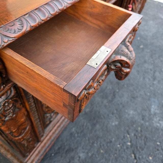Antique Circa 1880 French Renaissance Revival Partner's Desk, Fully Carved on All Sides With Parquetry Top For Sale - Image 14 of 18