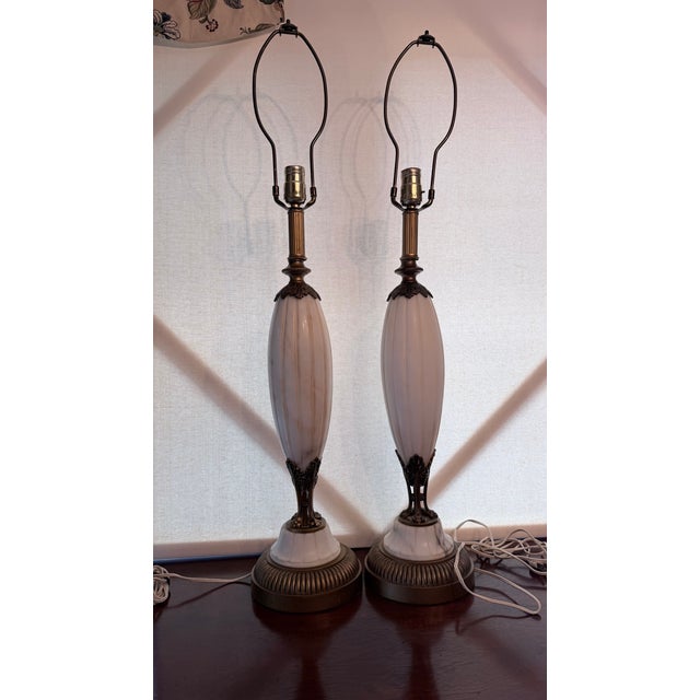 Stone Vintage Mid-Century Modern Neoclassical Carved Alabaster & Brass Spindle Table Lamps - A Pair. For Sale - Image 7 of 18