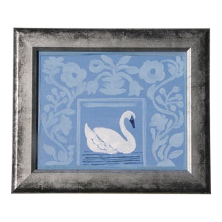 Swan Bird Floral Border Blue Gray White Minimalism Folk Art Americana Original Oil Painting by Cleo Plowden For Sale