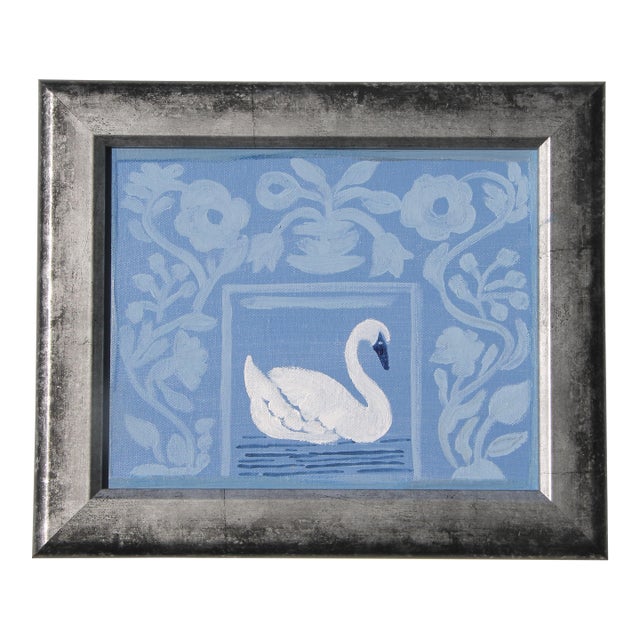 Swan Bird Floral Border Blue Gray White Minimalism Folk Art Americana Original Oil Painting by Cleo Plowden For Sale